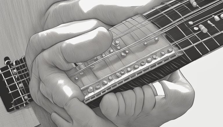 Hands playing a stringed instrument with frets and many strings