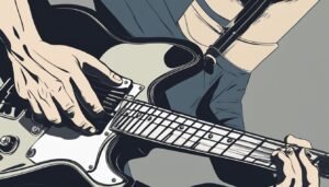 Illustration of a person playing a black and white electric guitar