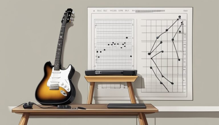 Electric guitar, sheet music, and a small table with accessories