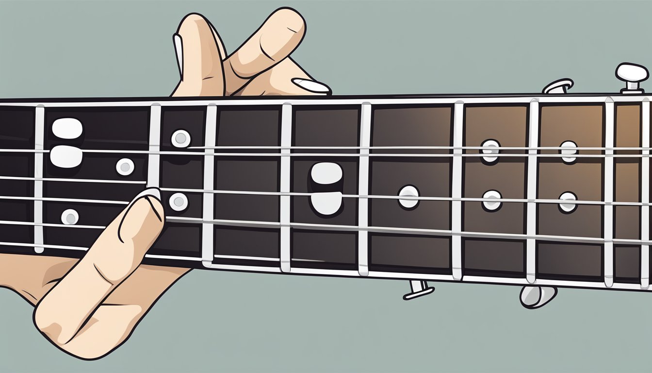 Hands playing a guitar chord on the fretboard, close-up illustration
