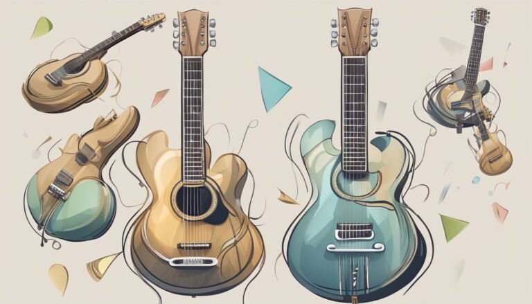 Illustration of several guitars in different styles and colors, abstract background