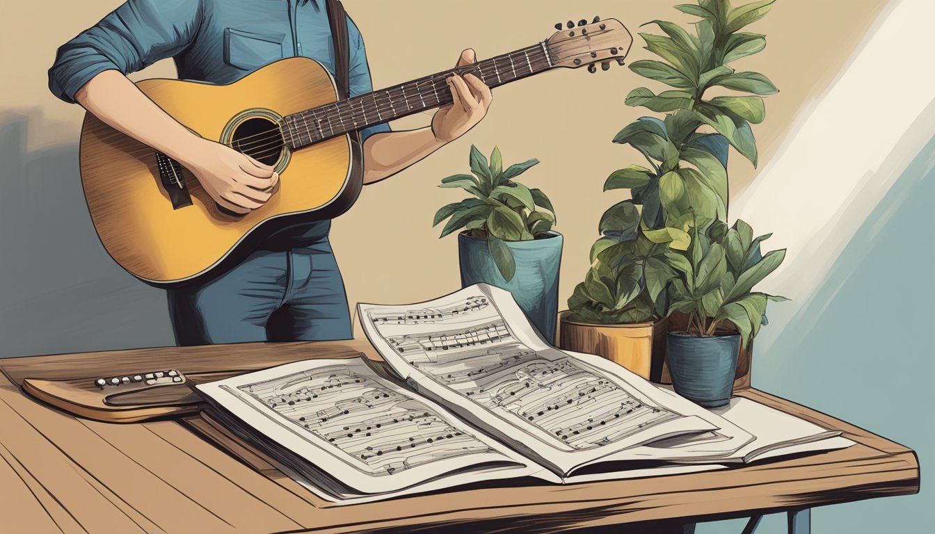 Person playing acoustic guitar with sheet music and potted plants