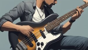 Man playing a black and yellow bass guitar, close-up view