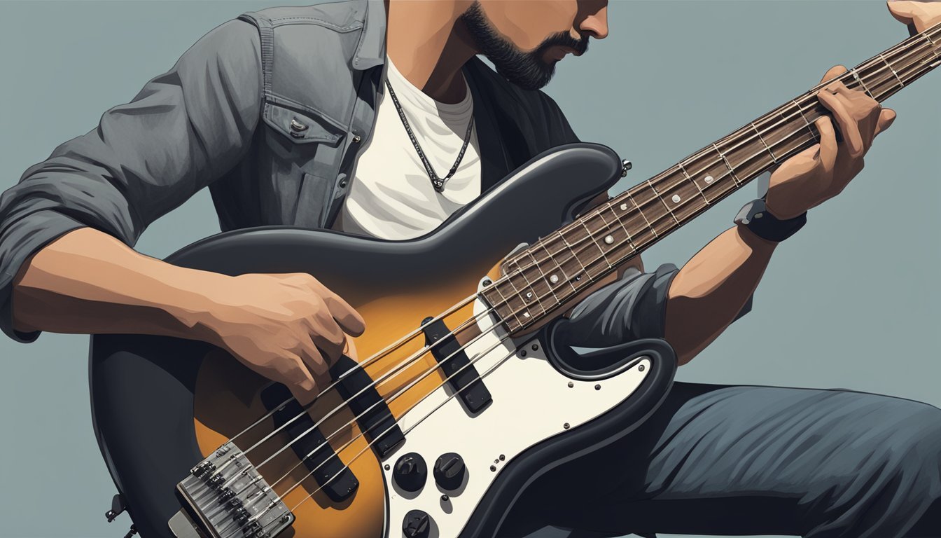 Man playing a black and yellow bass guitar, close-up view
