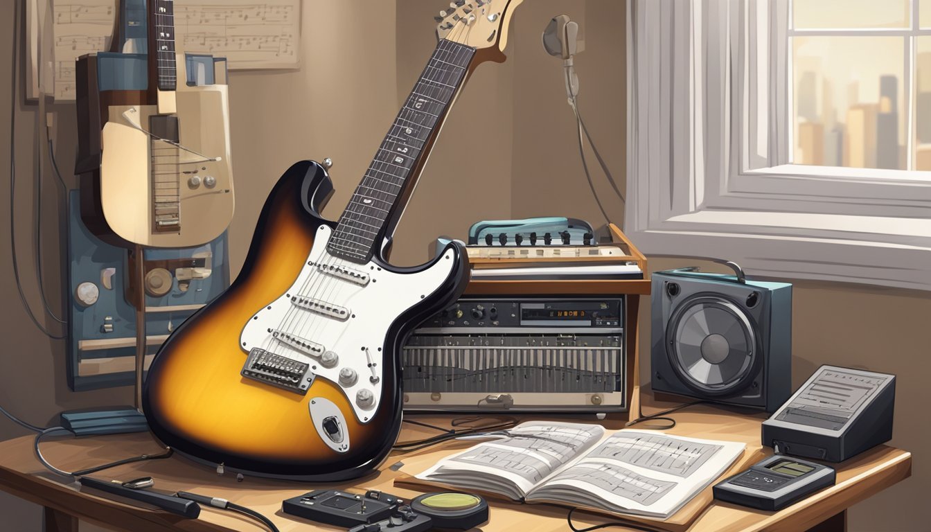 Electric guitar, music equipment, and sheet music on a desk in a room