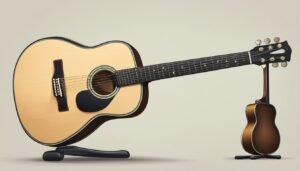Two acoustic guitars on stands, one large and one small