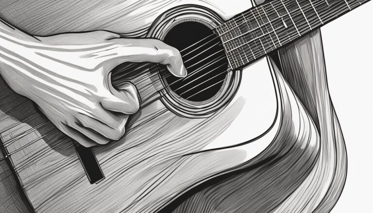 Black and white illustration of a hand playing an acoustic guitar