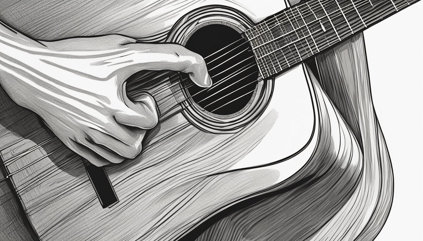 Black and white illustration of a hand playing an acoustic guitar