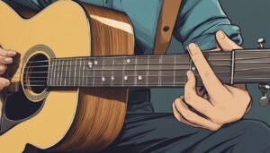 Close-up of hands playing an acoustic guitar, with a strap