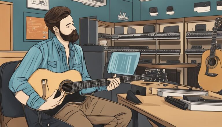 Man with beard playing acoustic guitar in a music studio
