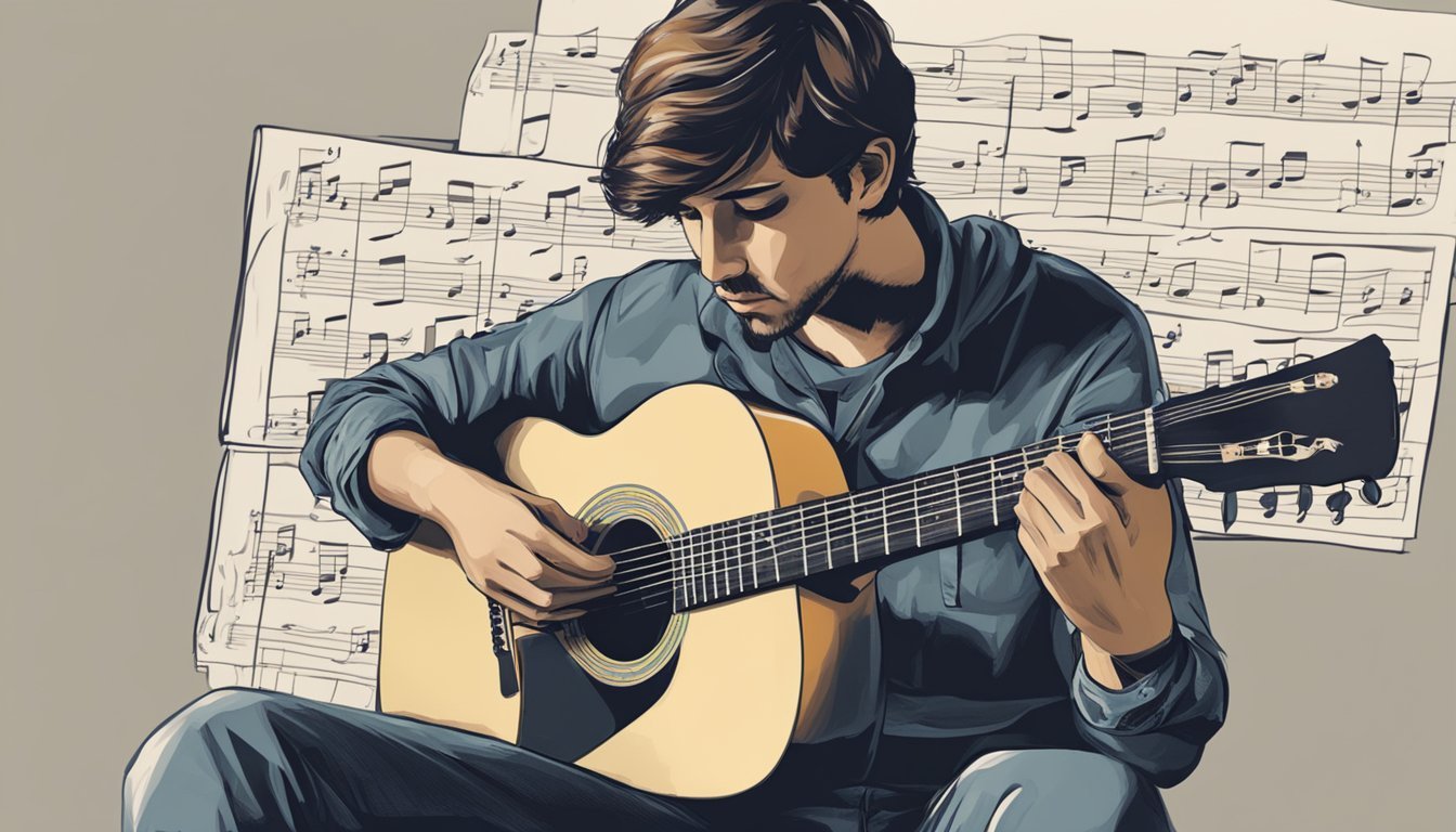 Man playing acoustic guitar with sheet music in the background