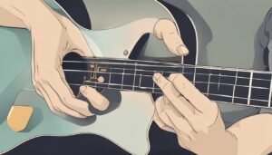 Hands playing a light blue bass guitar, fingers pressing on the frets