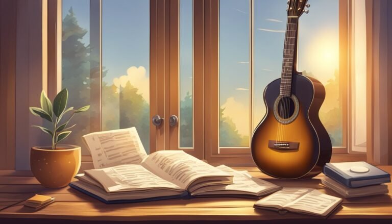 Acoustic guitar, open books, and potted plant on a wooden table by a window