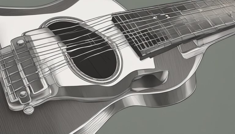 Close-up of a steel-string acoustic guitar, black and white illustration