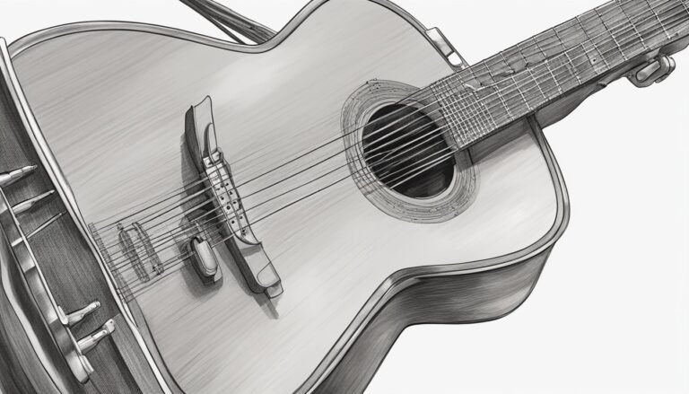 Black and white sketch of an acoustic guitar, close-up view