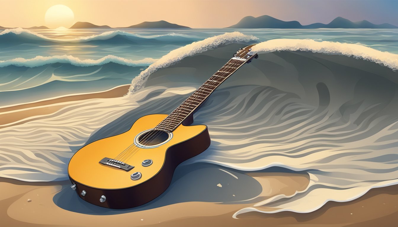 A guitar lying on a sandy beach with waves crashing in the background