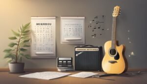 Acoustic guitar, amplifier, calendars, and music sheets in a room setting