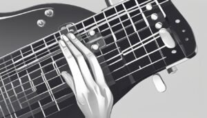 Black and white illustration of a hand playing a bass guitar