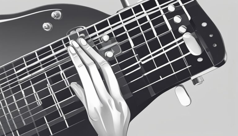 Black and white illustration of a hand playing a bass guitar