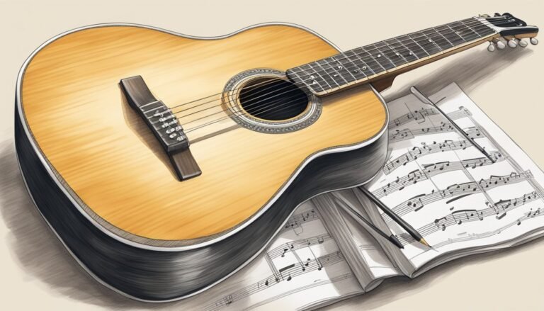 Acoustic guitar resting on sheet music with pencils, illustration style