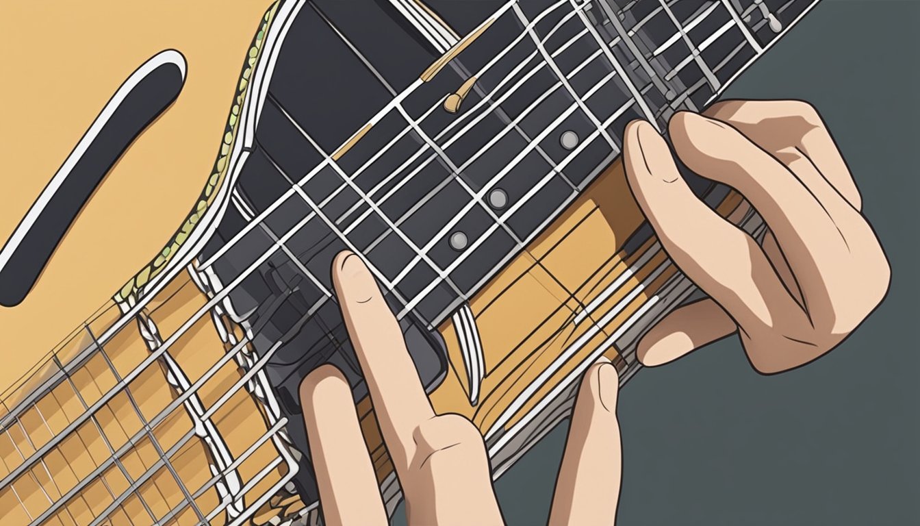 Close-up of hands playing a jazz guitar, fingers on the frets