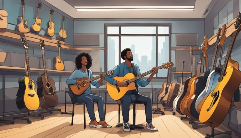 Two people playing acoustic guitars in a music store, surrounded by guitars