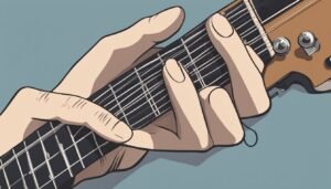 Cartoon illustration of hands playing a guitar, close-up on the fretboard