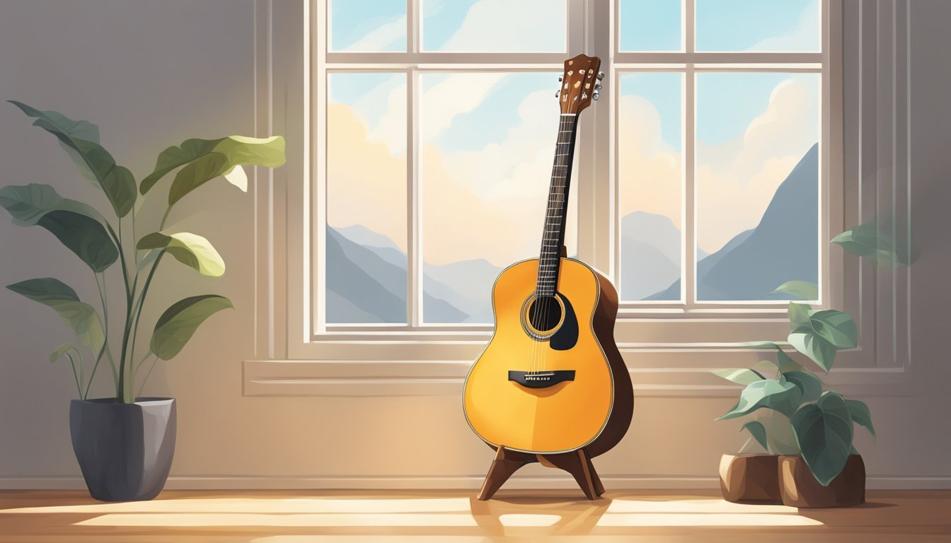 A simple guitar resting on a wooden stand, surrounded by soft natural light streaming in through a nearby window
