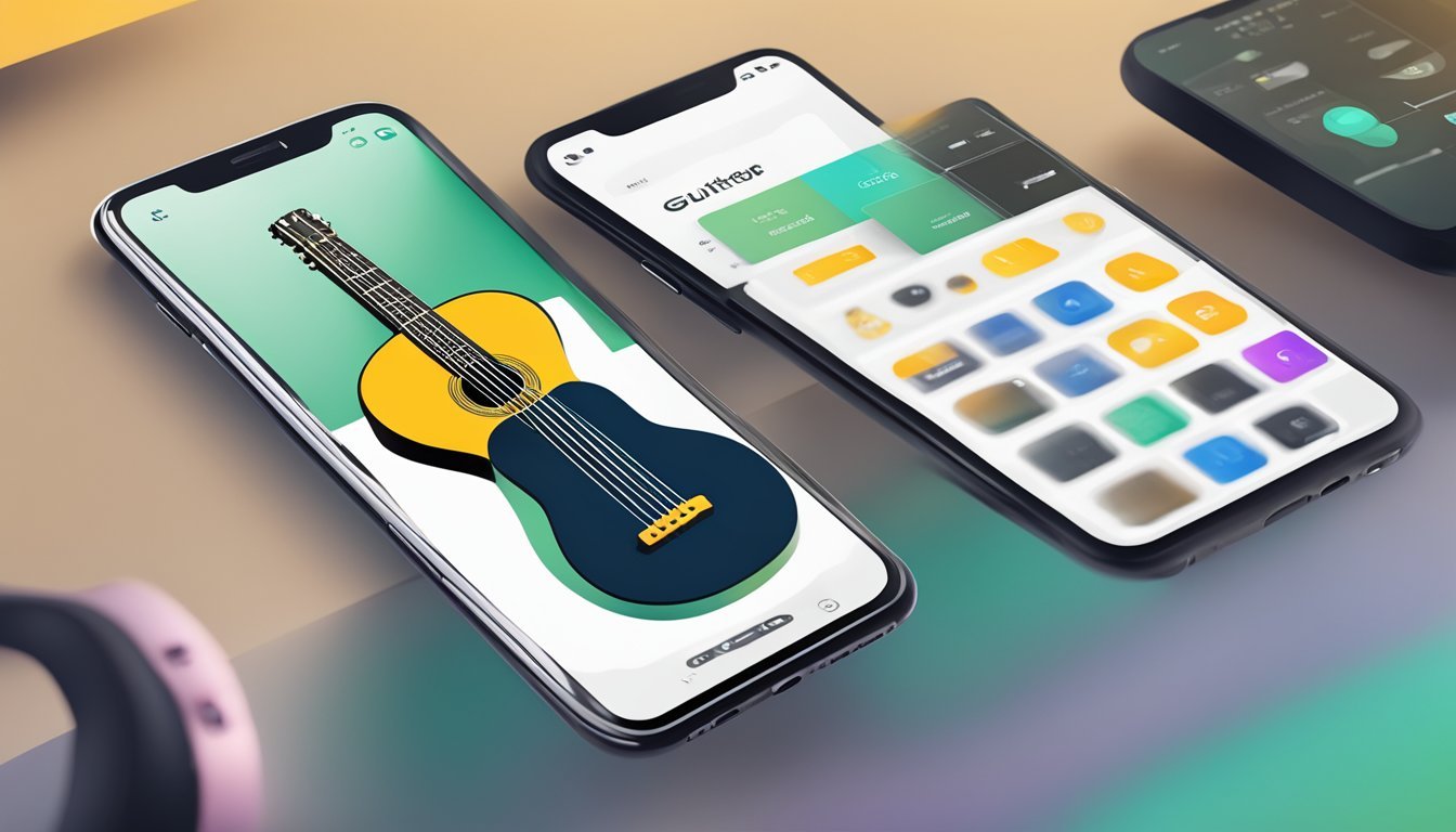A person browsing Simply Guitar app on a smartphone, with the app's logo and interface visible on the screen