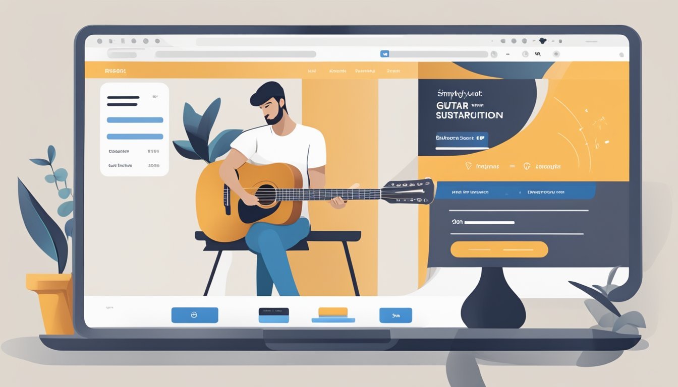 A person browsing the internet, looking at a computer screen with the Simply Guitar website open, with a focus on the subscription details and pricing