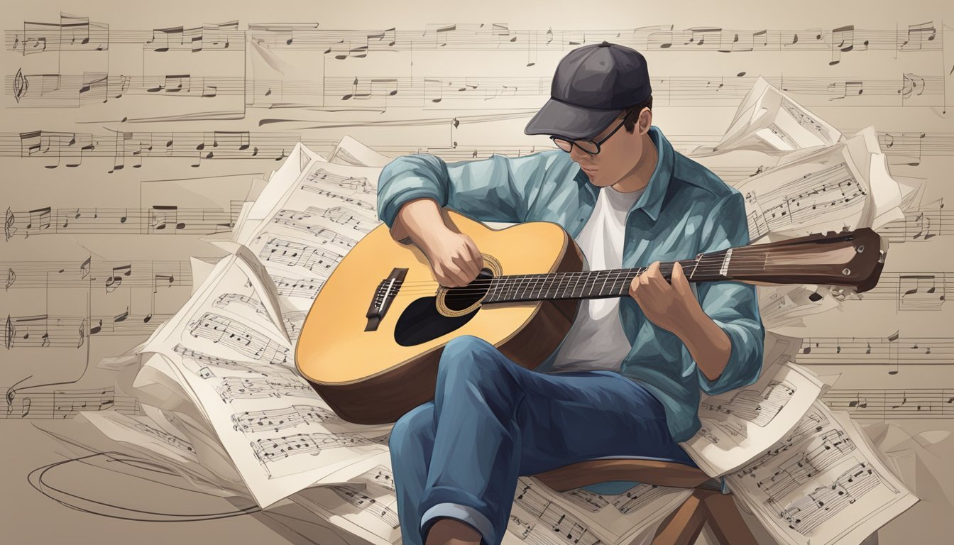 A person strums a guitar, surrounded by sheet music and a music stand