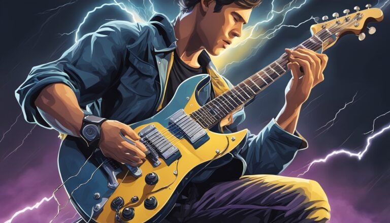 Man playing electric guitar with lightning in the background