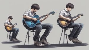 Three illustrations of a man playing acoustic guitars while seated on stools