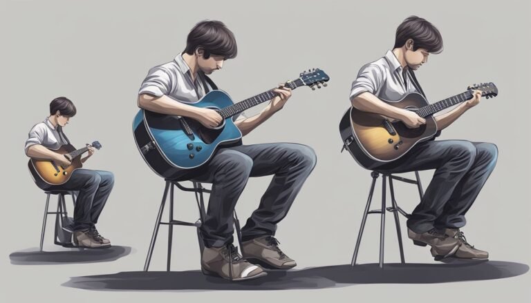 Three illustrations of a man playing acoustic guitars while seated on stools