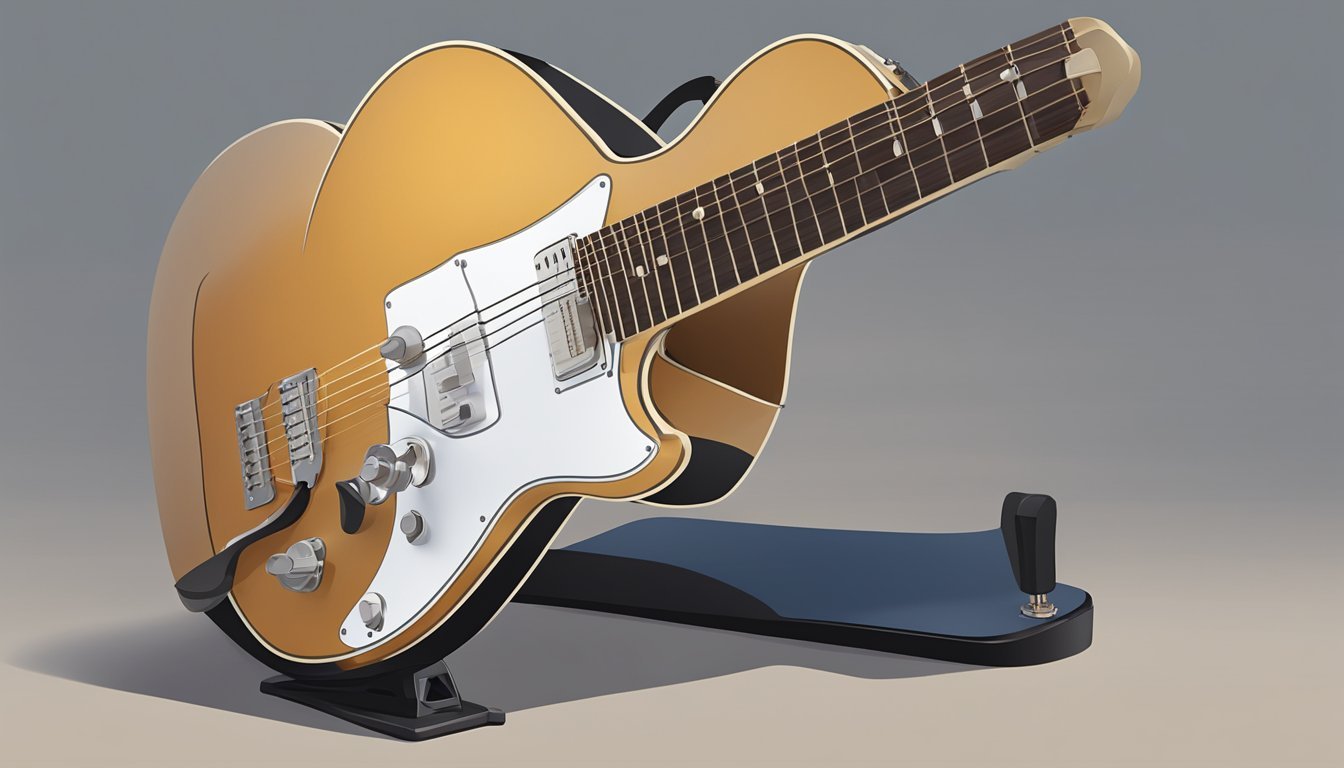 Gold electric guitar on a stand, with a white pickguard and black accents