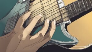 Close-up of a hand playing a teal and tan electric guitar