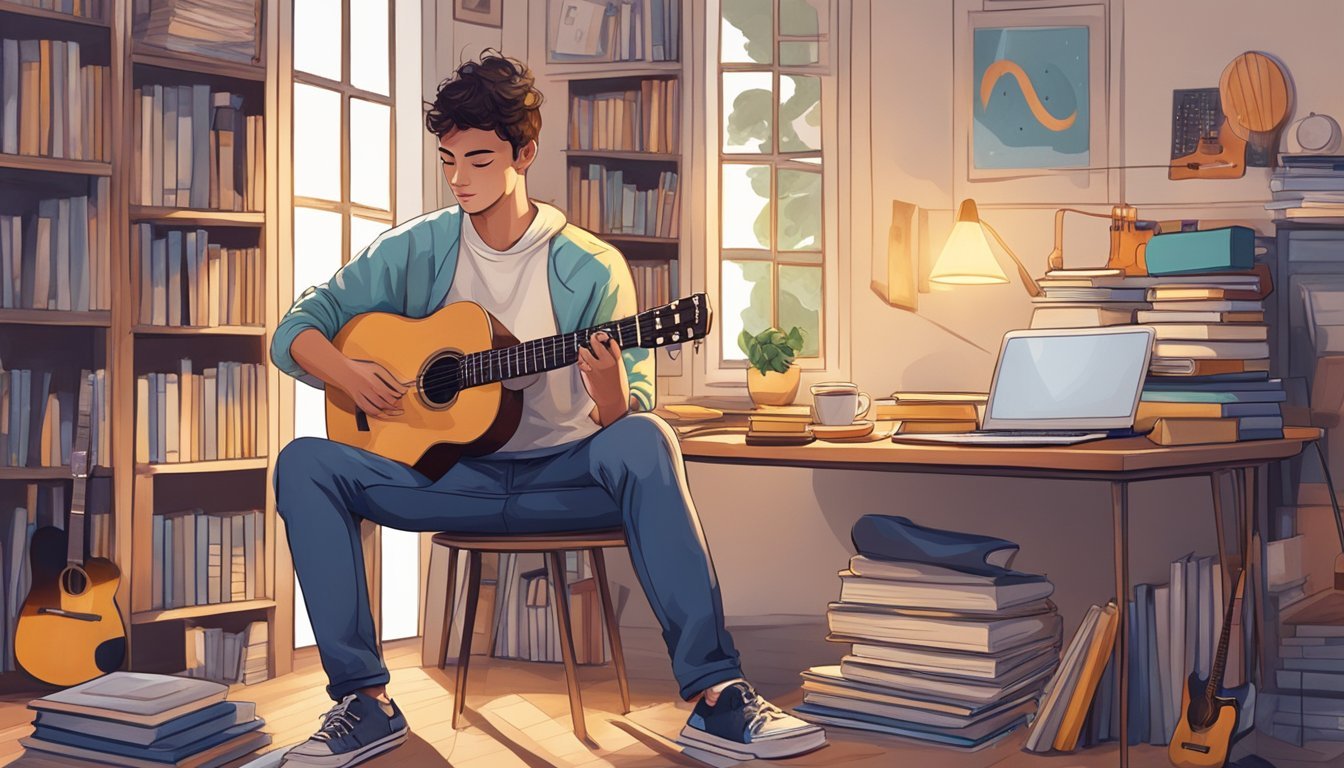 Young man playing guitar in a cozy room with bookshelves and a desk