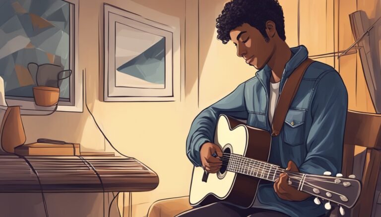 A young man with curly hair playing an acoustic guitar
