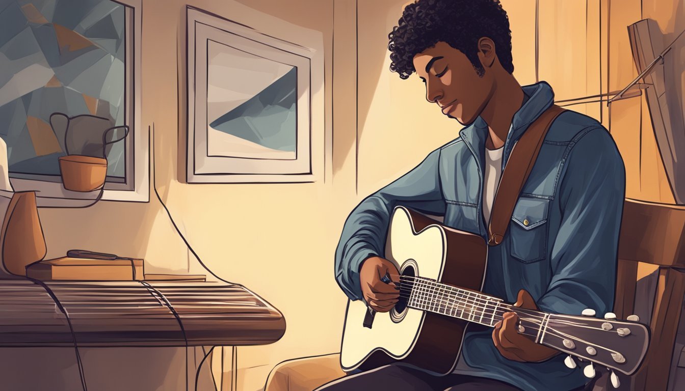 A young man with curly hair playing an acoustic guitar