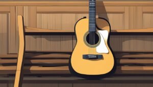 Acoustic guitar leaning against a wooden bench, with a chair on the left