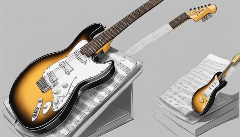 Electric guitar on sheet music, with a second guitar in the background