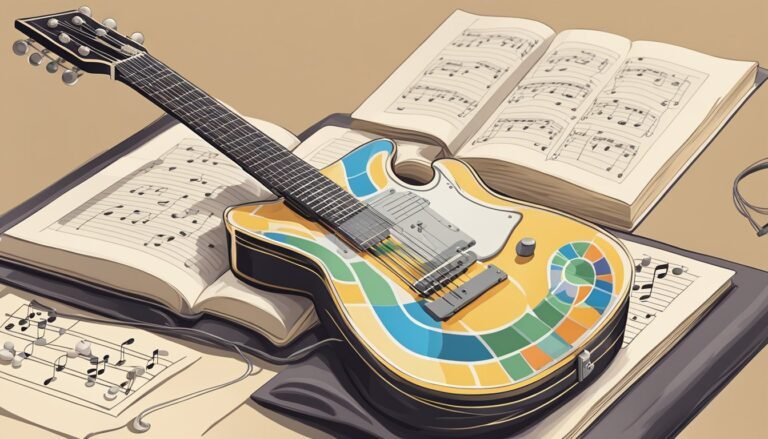 Colorful electric guitar resting on sheet music and open books
