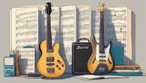 Two bass guitars, amplifier, sheet music, and music accessories on a table