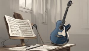Blue guitar, sheet music, and microphone on a table in a room