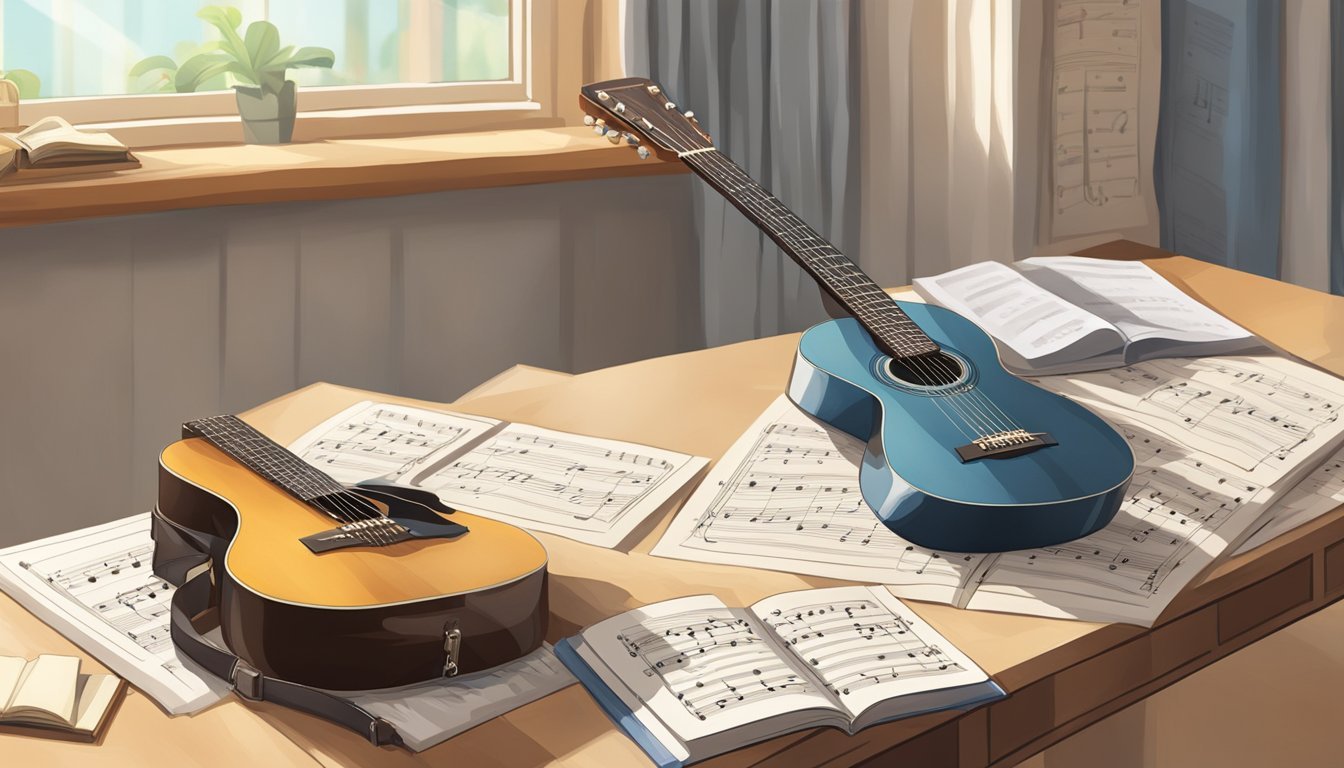 Two guitars and sheet music on a table near a window