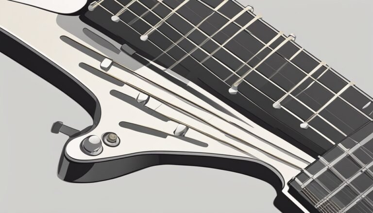 Close-up of a modern, black and white electric guitar