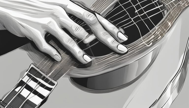 Monochrome illustration of hands playing an acoustic guitar, close-up view