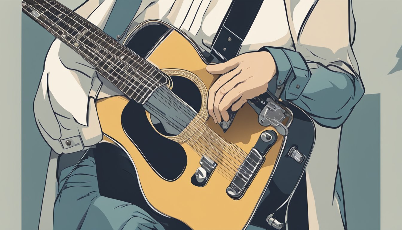 Person playing a yellow acoustic guitar with a black strap