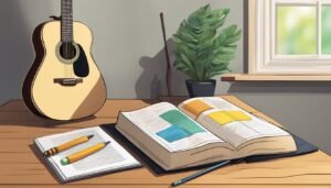Acoustic guitar, open book, pencils, and plant on a wooden desk