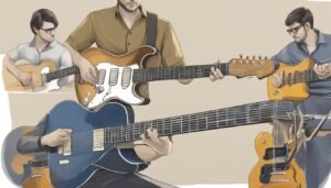 Illustration of a man playing multiple electric guitars in different styles